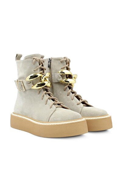 Vario Süet Platform Zincir Tokalı Kadın Bot Vizon Süet Gold Toka