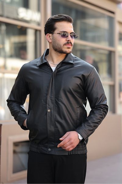 gm giyimarket Streetwear Μαύρο Oversize Casual Cut Waist Elastic Δερμάτινο μπουφάν