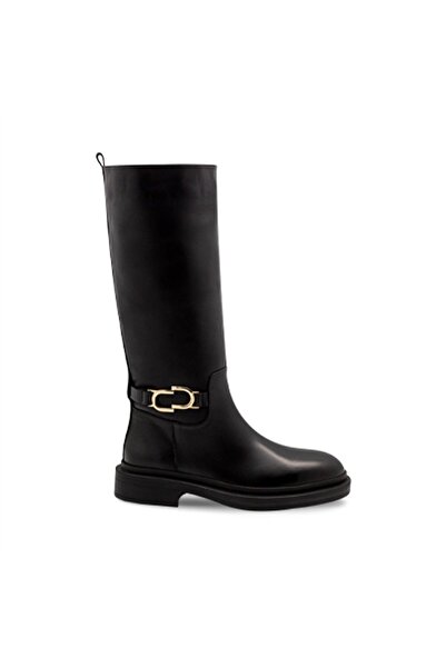 Vario Genuine Leather Metal Buckle Flat Sole Below Knee Women's Boots Black (Black)