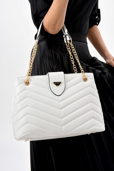 Rezania Women's Faux Leather Quilted Patterned 4 Compartment Shoulder and Hand Bag with Chain Accessory