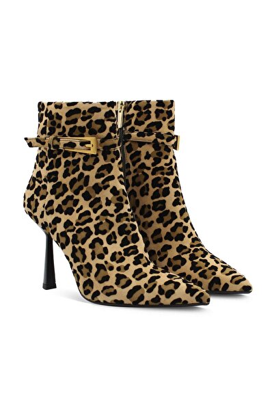 Vario Hakiki Deri Leopar Desenli Tokalı Stiletto Kadın Bot Camoscıo Maculato (BENEKLİ GÜDERİ)