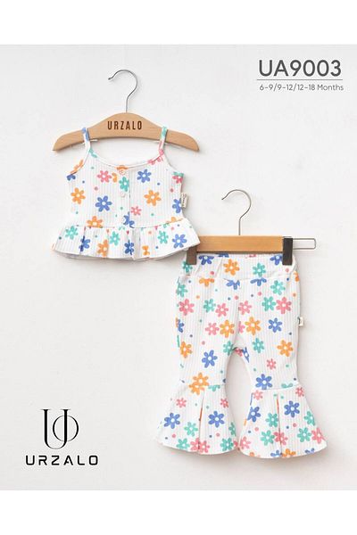 İnci İncibaby 100% Cotton Daisy Pattern Strap Body & Flared Leg Pants Set