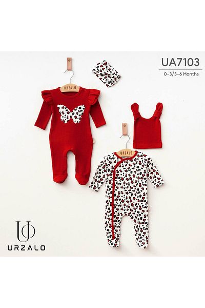 İnci Incibaby 100% Cotton Leopard Pattern 2 Rompers & Band & Hat 4-Piece Combination