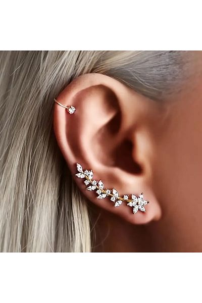 HDCreativeDesign 1 Pair Bohemian Crystal Leaf Earrings - Rose Flower Dangle & Studs Design, Gold-Tone