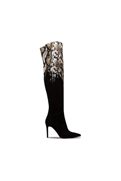 Vario Genuine Suede Snake Patterned Thin Heel Over-The-Knee Women's Boots Black Suede (Black Suede)