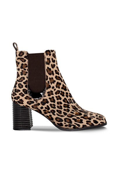 Vario Suni Deri Leopar Desenli Chelsea Kadın Bot Tay Leopar Rugan Kahve C342