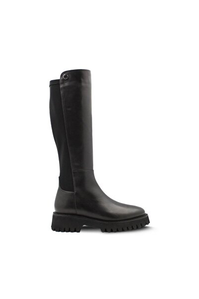 Vario Hakiki Deri Kalın Taban Diz Altı Kadın Çizme Sıyah Derı -sıyah Streç