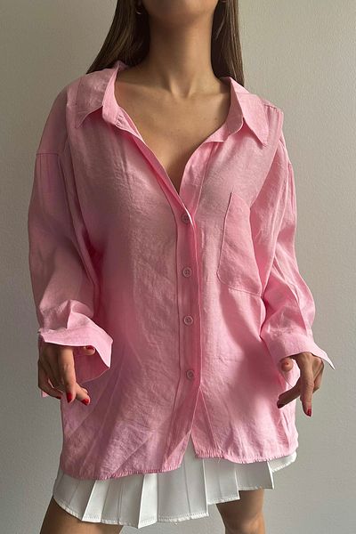 Suzi butik Cămașă de damă oversize, cu umăr liber, în formă de floare, roz Şeker