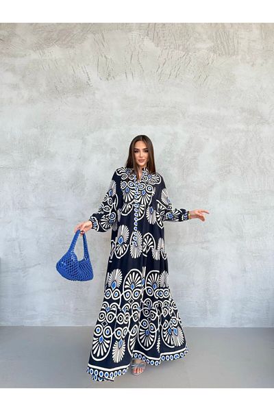 gmbutikk ROCHIE MAXI DE VISCOSĂ CU MÂNECĂ LUNGĂ, CU GULER DOMINANT, CU MODEL ETNIC