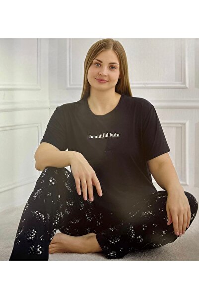 İpek Women's Short Sleeve under Long Plus Size Pajamas Set