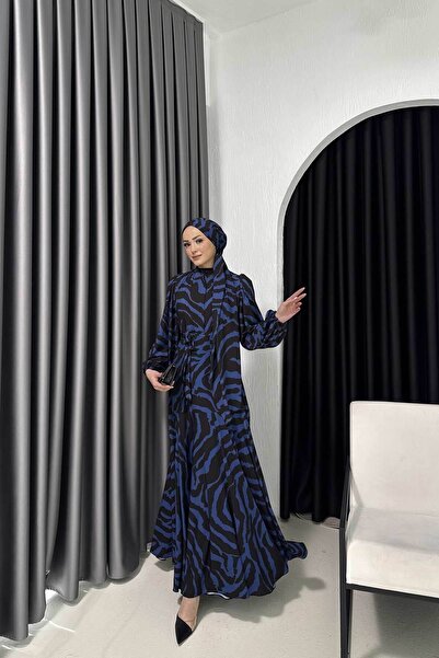 Melike Tatar Dark Blue Patterned Shawl Dress 32-2215