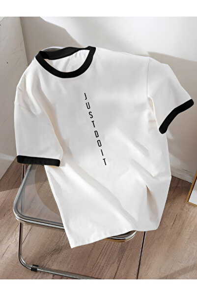 Revasser Unisex Erkek/Kadın Beyaz Siyah Yaka JustDoIt Özel Baskılı Oversize P...