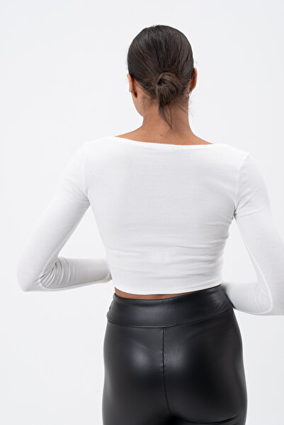 PUNKY CAT Women's White Square Neck Long Sleeve Crop Blouse