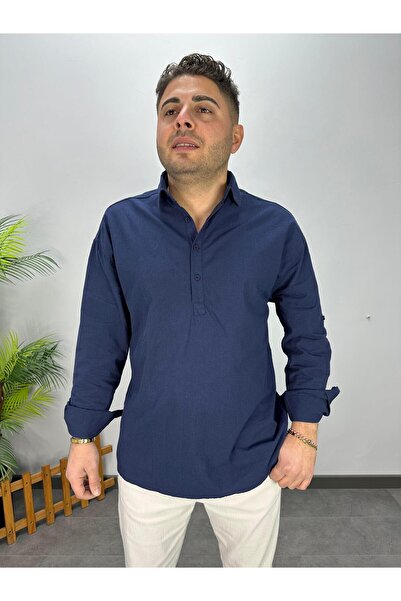 MODA LACİVERT YARIM DÜĞMELİ KETEN GÖMLEK