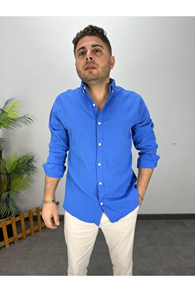 MODA SAKS MAVİ KETEN KRİNKIL OVERSİZE GÖMLEK