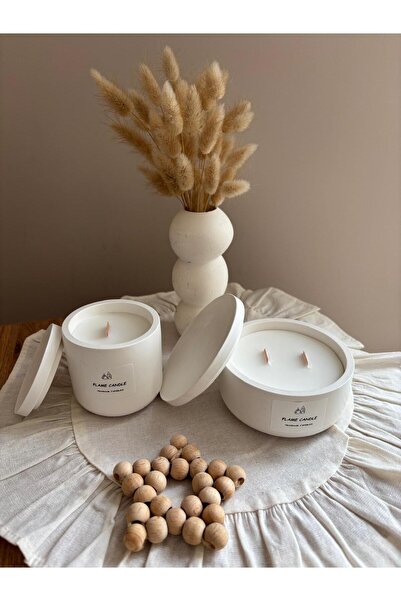 flame candle 2'li Dekoratif Kapaklı Beton Kase Mum , Bohem Mum, Amber Kokulu