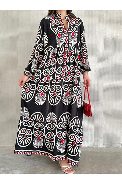 gmbutikk Women's Etnic Patterned Judge Collar Long Sleeve Viscos Maxi Dress