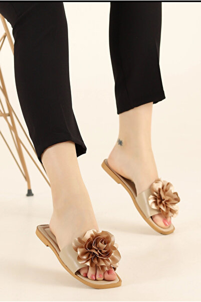 modayaselam Γυναικείες παντόφλες σε μπεζ χρώμα με σχέδιο τριαντάφυλλο
