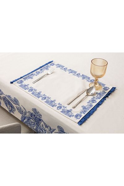 dekomall home & living Dekomall Λωρίδα Φούντα Λεπτομέρεια Βαμβακερό-Λινό Αμερικάνικο Σερβίρισμα Μπλε- 35x50 εκ.