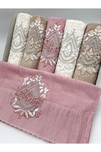 AYHANHOME Satin Embroidery Patterned Laced Boxed Luxury Dowry Holder 50X90 Set of 6 Hand Face Towels