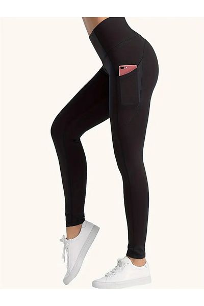 LACKH Jambiere cu talie înaltă, elastice, de culoare solidă, cu buzunar lateral, confortabile, moale, stil elegant pentru fitness