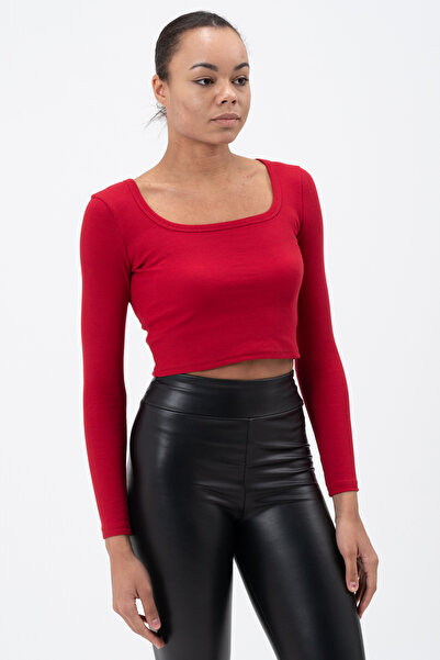 PUNKY CAT Women's Red Square Neck Long Sleeve Crop Blouse
