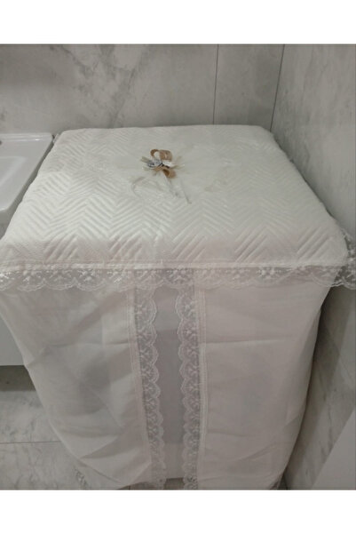 Butik Çamaşır Makinesi Örtüsü Gri Fiyonklu Güllü Kenar Güpürlü Linen Kumaş 68x80
