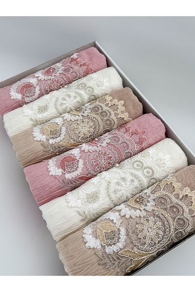 AYHANHOME Satin Embroidery Patterned Laced Boxed Luxury Dowry Holder 50X90 Set of 6 Hand Face Towels