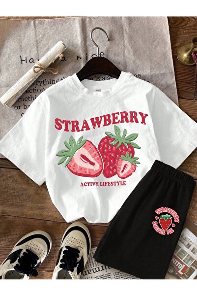 Alviora Unisex Çilek Baskılı Oversize T-shirt Şort Takım