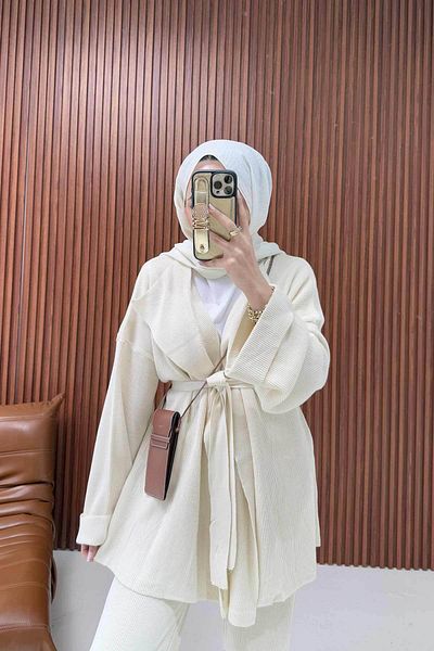 Melike Tatar Knitwear Set - Stone Cardigan, Model 3-3004-1