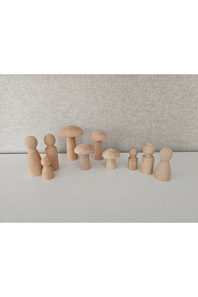 Mesu Ahşap Oyuncaklar 6-Piece Raw Wooden Family Pegbaby and 4-Piece Raw Mushroom Set