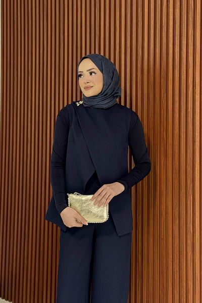 Melike Tatar Dark Blue Button Detailed Crepe Vest 32-2302