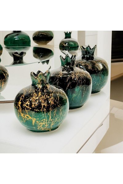 Ege 3-Piece Tile Pomegranate Set Emerald Green Black Marble Patterned Yellow Gilt Marble Pattern Pomegranate Set