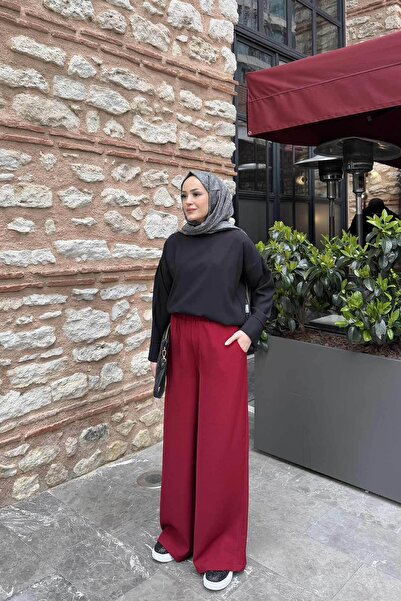 Melike Tatar Claret Red Crepe Loose Trousers 32-2235