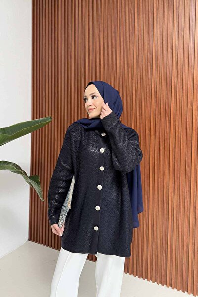 Melike Tatar LACİVERT Varaklı Düğmeli Hırka 32-7043