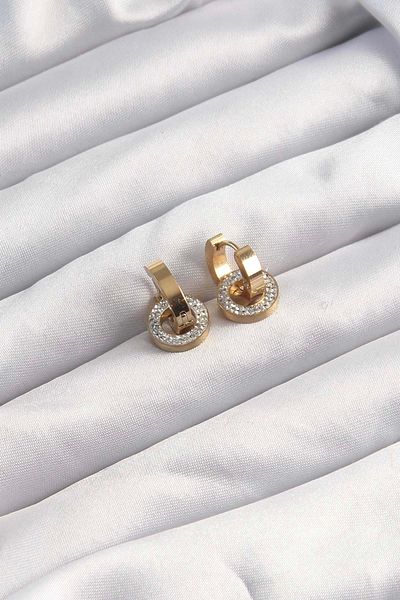 Clariss 316L Steel Gold Color Zircon Stone Hoop Model Earrings