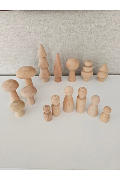 Mesu Ahşap Oyuncaklar , Ham tam set ahşap oyuncak, Ham 6 lı ahşap aile peg bebek, 5 ağaç, 4 mantar