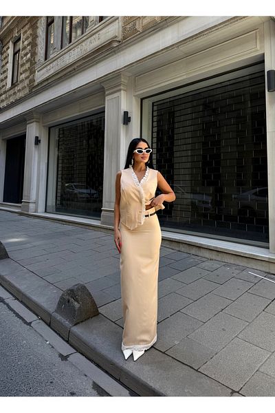 LB Laluna Butik Γυναικείο Δαντελένιο Σετ Γιλέκο και Φούστα με λεπτομέρειες