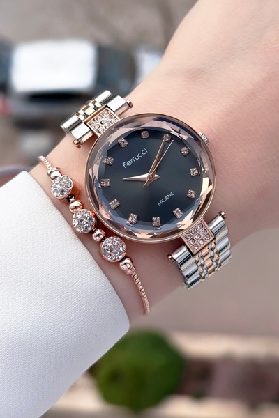 Ferrucci Pembe Gri Renk Ayarlanabilir Kordonlu 32 mm Kadın Kol Saati ve Bileklik