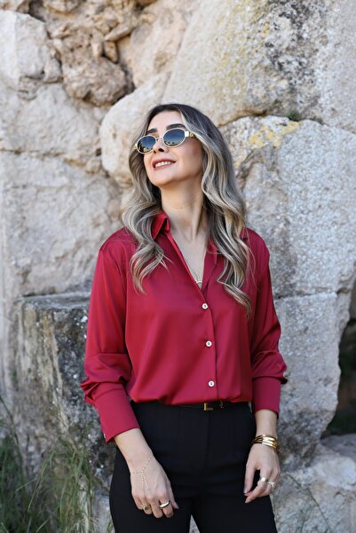 bytugcekaya Bordo Uzun Kollu Saten Gömlek