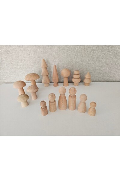 Mesu Ahşap Oyuncaklar , Ham tam set ahşap oyuncak, Ham 6 lı ahşap aile peg bebek, 5 ağaç, 4 mantar