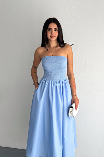 TrendyFashion Γυναικείο Μπλε Στράπλες Φόρεμα Dakron