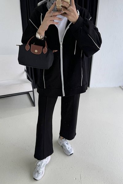 Melike Tatar Black Three Thread Piping Suit 32-3410