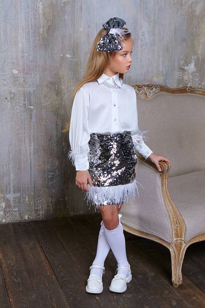 nisaykids Girl's Shiny Buttoned Feather Detailed Shirt Sequined Skirt Buckle and Necklace Set