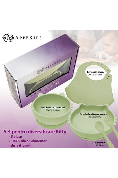 APPEKIDS Set Diversificare, 5 Piese, , 100% Silicon, Kitty - Raw Green