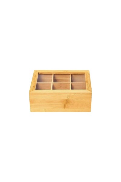 Busstier Bamboo Tea Storage Box - Natural Wood Organizer with Transparent Lid, 6 Compartments
