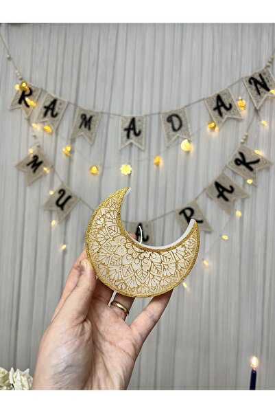 Verda Desing Ramazan İslam Figürlü Hilal Ay Tasarımlı Altın Boyalı El Yapımı Dekoratif Tasarım Mum