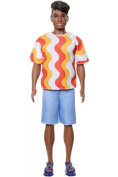 mattel Barbie Papusa Baiat Fashionistas Cu Tricou Cu Dungi Albe Si Portocalii Si Aparate Auditive