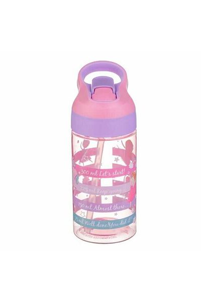 Micostore Kids Water Bottle, Straw Bottle, 500 Ml, Ballerinas, Motivational - With Graduations, Pink/Transparent
