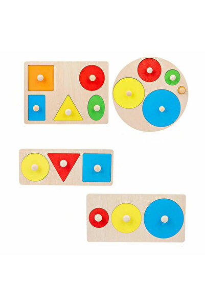Micostore Pachet 4 Jocuri Puzzle Montessori, Din Lemn, Incastre, Cu Maner